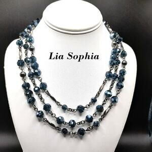 Lia Sophia Blue Beaded Gunmetal Gray Necklace, Three Strands, 21 1/2 Inches